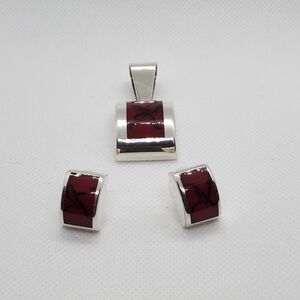 Vintage Sterling Silver Jasper Inlay Pendant and Earrings Set